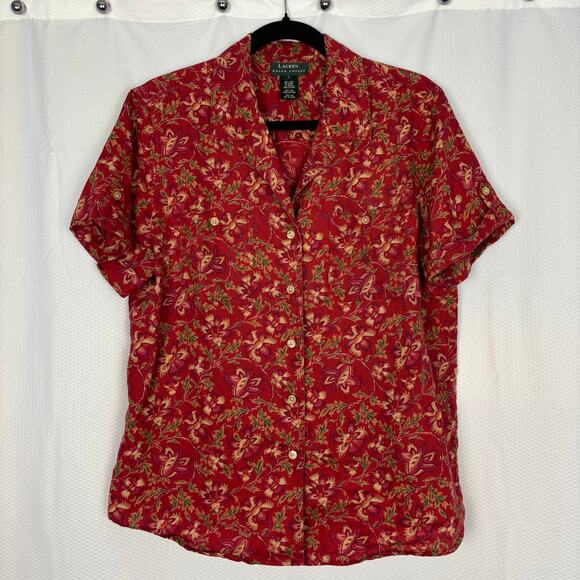 Lauren Ralph Lauren 100% linen button down red floral blouse size large - Picture 1 of 6